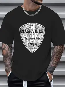 100% Cotton Nashville Country Music City Guitar Pick Gift T-Shirt, Men Graphic T Shirts -  Printed Short Sleeve T-Shirt Top