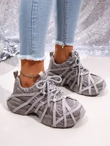 Women's Rhinestone Dad Shoes, Woven Strap Design, Versatile Height Increasing Casual Sneakers, Casual Trainers, Comfortable Fashion Footwear
