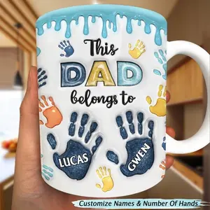 This Dad Grandpa Belongs To Handprints Icon - Inflated Effect Printed, Personalized White Edge-to-Edge Mug, Custom Mug Gift 2025, 2D Printed 3D Effect, gift for her, gift for him, gift for mom, gift for dad, gift for friend, birthday gift mug.