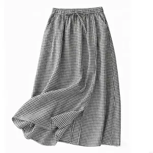 Skirts for Women Flowy High Skirt Beach Trendy Drawstring Gingham Skirt with Pocket 6XDA