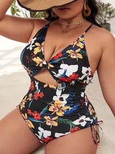 Women's Plus Size Print Thong Swimsuit, Adjustable Strap Backless Swimwear, Casual Beach Wear for Women & Girls