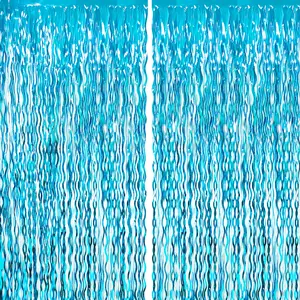 6.4 ft x 6.5 ft Metallic Tinsel Foil Fringe Curtains, Party Streamer Backdrop for Birthday,Graduation Decorations and New Year Eve   Wavy Light Blue