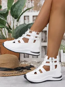 Women's Hollow Out Casual Sandals, Summer Outdoor Wear, Thin Platform Thick Sole, Height Increasing, Plain Pattern, Textile Material