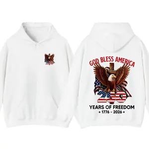 God Bless America Eagle Cross Hoodie – 1776–2026 Patriotic Christian Graphic Pullover, USA Faith Shirt, Unisex Cotton Apparel