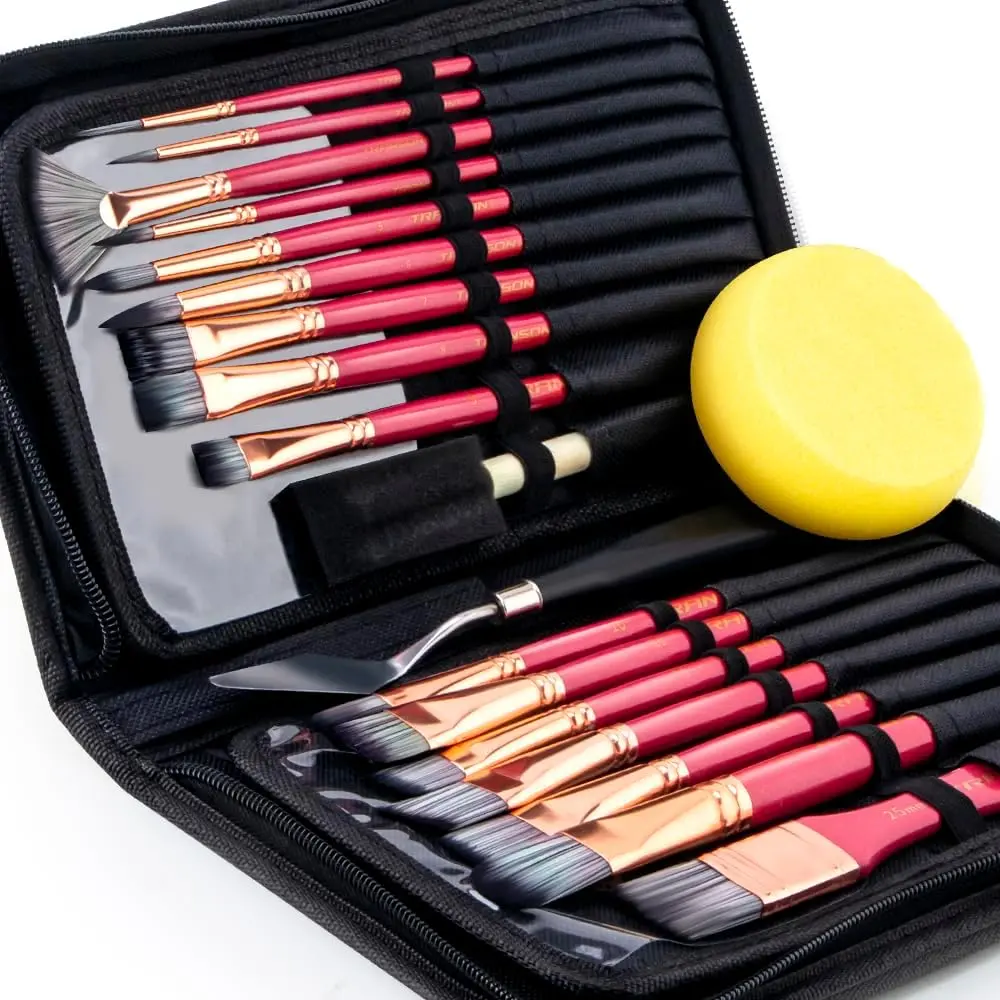 Transon 16-Piece Artist Brushes Set, Pink Acrylic Painting Kit with Foam Sponge, Spatula & Case for Oil, Watercolor, Gouache Art Equipment