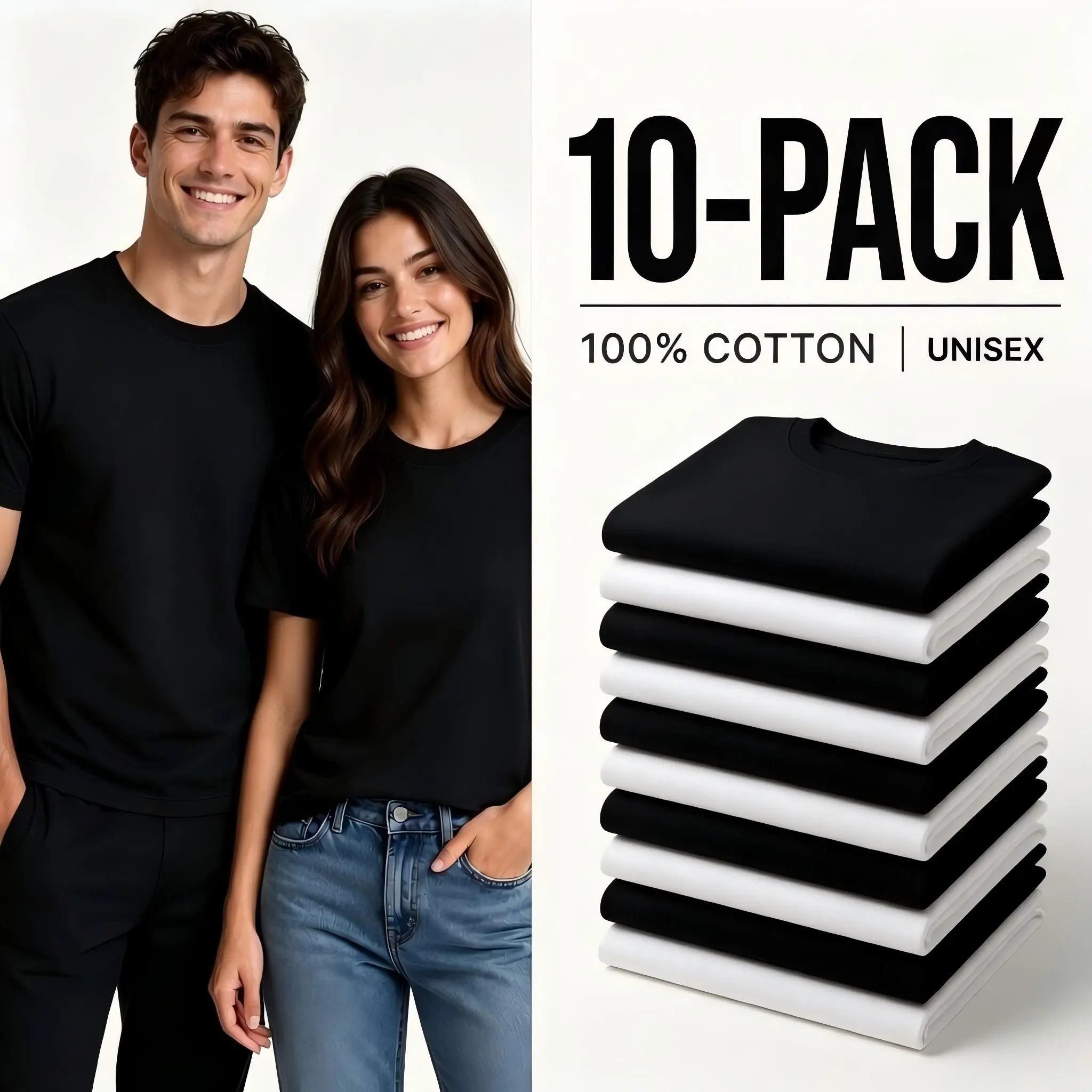 Men's [10-Pack] 100% Combed Cotton Plain T-Shirts - 10 Black & White, 180g Thick Natural Fabric, Breathable Summer Crew Neck Tees, Reinforced Neckline, Shape-Retention, Regular & Oversized Fits, Durable Everyday Wardrobe Staples