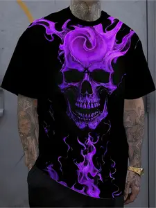 A men's oversized 3D purple flame skull pattern printed T-shirt - a fashionable, comfortable, breathable, Streetwear and Menswear round-neck short-sleeved shirt, suitable for casual wear, Casual Streetwear Tops