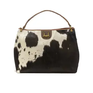 Loyal West Large Hobo Bag in Cowhide Pattern with Braided Handle and Gold Hardware