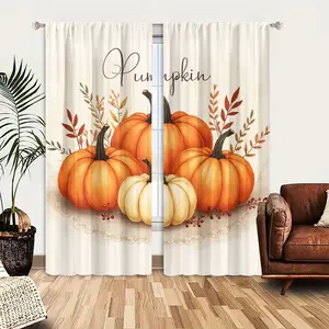 2D Flat 2Pcs Fall Harvest Pumpkin Curtains, Autumn Theme Window Drapes, Rustic Farmhouse Design, Rod Pocket Sheer, Thanksgiving Decoration, Semi Polyester Fabric, Living Room Bedroom Kitchen Treatment, Seasonal Home Decor