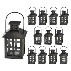 Kate Aspen Decorative Lanterns - 12pcs - Distressed Metal Vintage Mini Wedding Lantern, Centerpiece for Wedding Table, Accent Piece and Home Decor, Wedding Favors and Baby Shower Favors (Black)