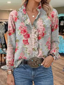 Chic Petal Vintage Floral Ruffle Button Down Shirt Western Cowgirl Boho Rodeo Top with Adjustable Fit- Womenswear
