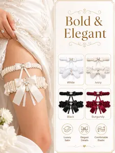 2Pcs Elegant Wedding Garter Set, Bride Main & Toss Garters, Soft Satin Ruffles, Bow Pearl Pendant, Elastic Thigh Accessory for Ceremony, Reception & Party