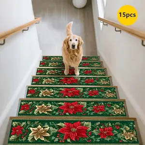 15pc Christmas Stair Mats Non-Slip Durable Home Decor, Floral Pattern Holiday Atmosphere Rug, Cozy Anti-Slip Stair Pads, Home Decorative Rug