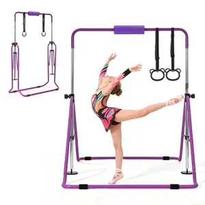 Kids Gymnastic Bars, 140 Lb Capacity Folding Kip Bar, Adjustable Height Horizontal Gym Bar For Home Use, Indoor And Outdoor Training Equipment, Easy To Assemble, Durable Steel Frame, Portable Safety Features, Purple