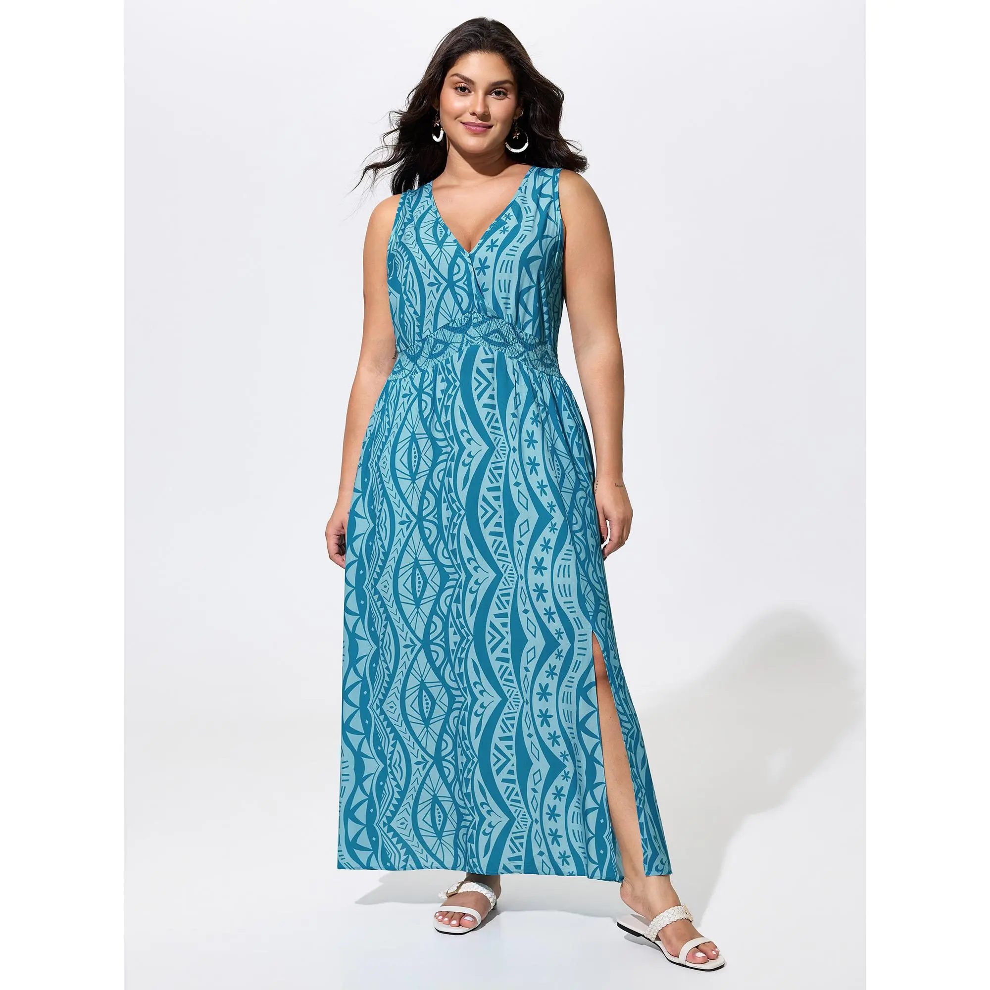 BloomChic Women's Plus Size Bohemian Floral Print Maxi Dress, Casual Sleeveless Rayon with a Smocked Bodice and Side Pockets, Garment, Fabric, Fit, Low Iron, Long Length, 14-16/1X, Smooth, Lady, Graphic, Cold Wash, Pull On, Shirred