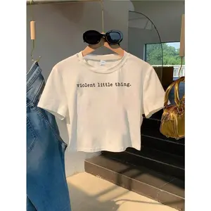 Violent Little Thing Slogan Graphic Crop Tee For Women Soft Cotton Short Sleeve Crewneck Trendy Y2K Streetwear Casual Summer Outfit Going Out Top
