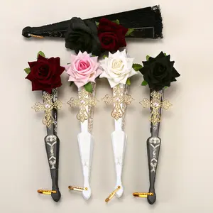 Vintage Court Style Lace Fan Gorgeous Retro European Rose Folding Fan Tea Party Style Dark Comic Exhibition Photo Prop