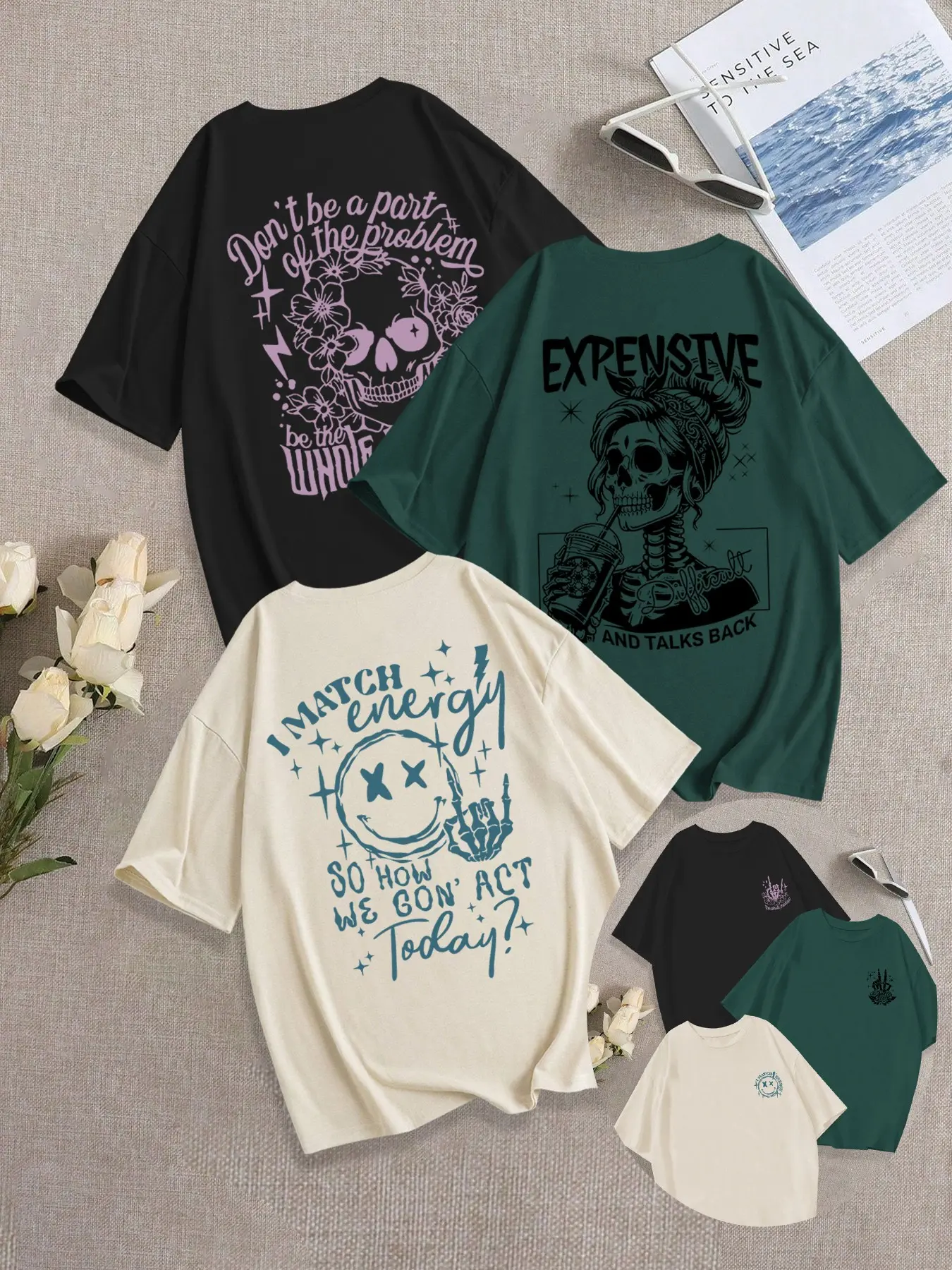 Breathable Casual Printed T-Shirt, Loose Fit Round Neck Design, Skull Girl Smiley Print, Daily Wear, Casual Streetwear Looks, Fashion Comfort Versatile Top, Casual Graphic Top, Casual Streetwear Tops, Casual Tee Tops, Three Pack