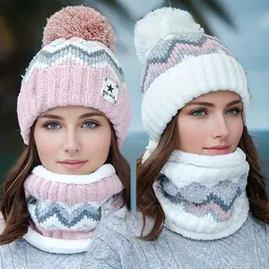 2-Piece Set Women's Winter Hat and Scarf Set - Soft Fleece Lining, Elastic Windproof Trapper Hat with Beige/Pink/White/Grey/Black Striped Brimless Hat and Matching Scarf - Skiing, Cycling, Daily Cold Weather Wear - Machine Washable