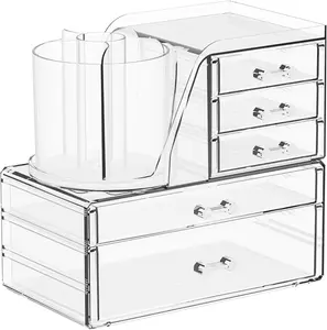 Clear acrylic makeup organizer set with 3 pieces including brush holder and drawers for skincare, cosmetics, hair accessories, and beauty products on vanity or countertop