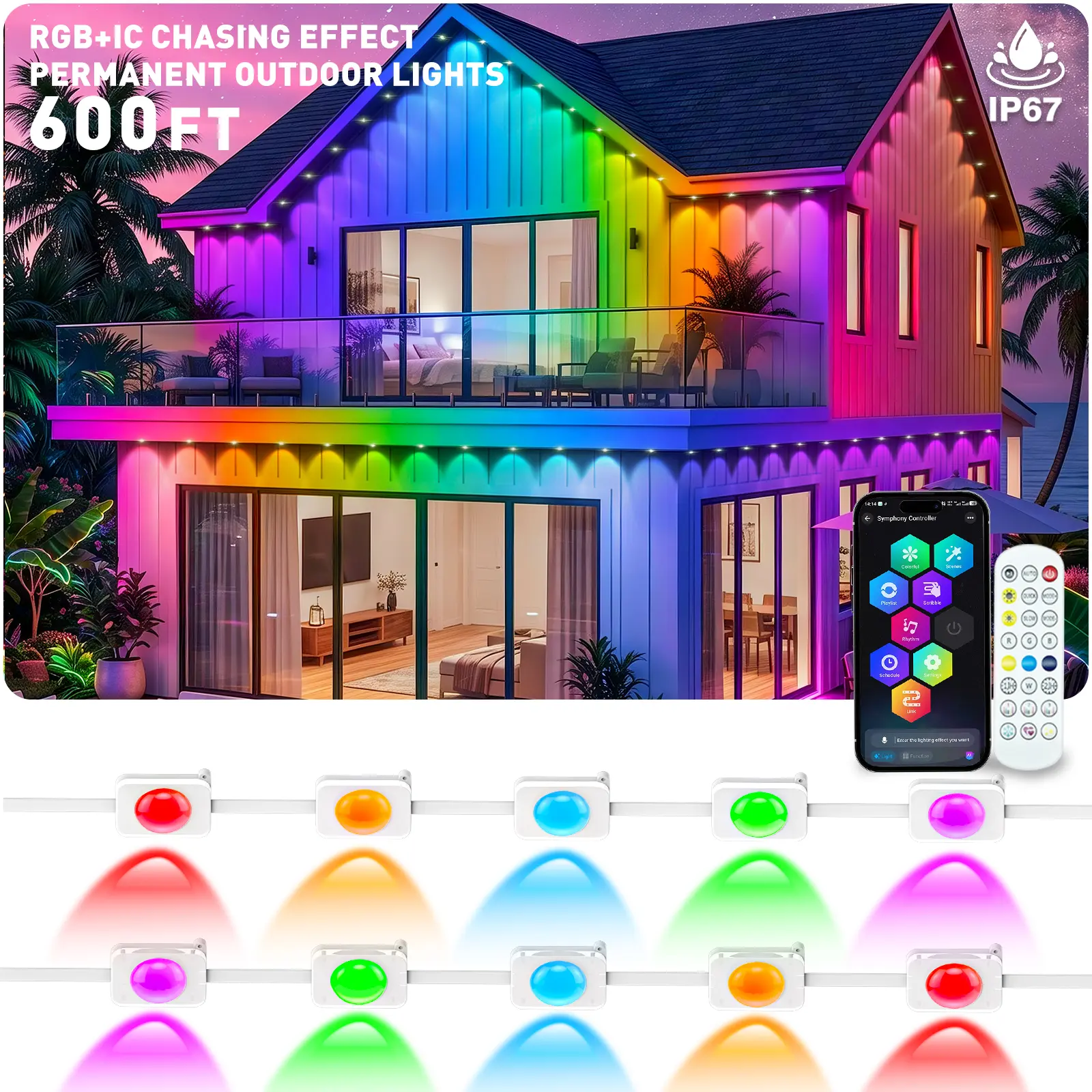 Permanent Outdoor Lights Waterproof RGB IC with Smart App Control Remote,DIY Scene Modes,Music Sync hronization,Eaves Lights for Garden Decor,Deck,Christmas