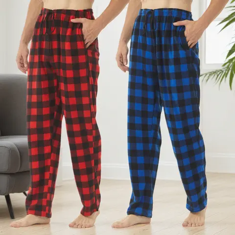 Men's Elastic Plaid Polyester Knitting Fleece Pajama Sets - 2-3 Pack Casual Loose-Fitting Loungewear Bottoms with 2 Side Pockets, Cold Wash All-Season Comfy Sleepwear, Ideal Christmas Gifts for Men