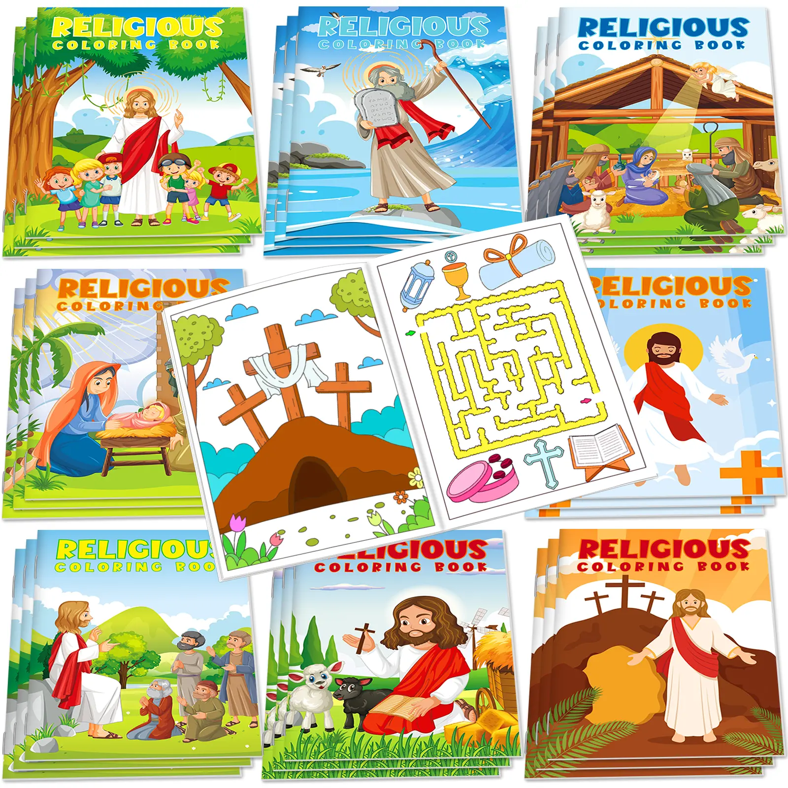 48 Pcs Bible Coloring Art Sets for Kids,Bulk Holiday Activity Gift for Girls Boys Church Sunday School Classroom P0arty Supplies Birthday Gift Easter Basket Stuffers,Halloween, Christmas, New Year's Holiday Parties Gift