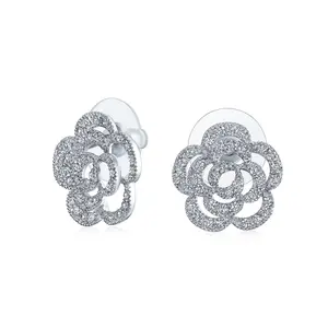 Cubic Zirconia CZ 3D Twist Halo Rose Flower Shape Stud Earrings