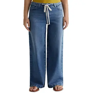 Eytino Women's Plus Size Wide Leg Jeans Elastic Waist Drawstring Stretchy Denim Pants with Pockets(1X-5X)