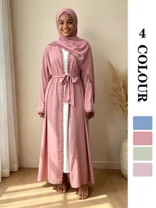 [Gift hijab] Muslim Sleepwear with Pockets, Lace Tie Abaya, Soft Polyester, 4 Colors, Wide Sleeves, Includes Headscarf, Perfect for Daily Wear [Does not include inner]