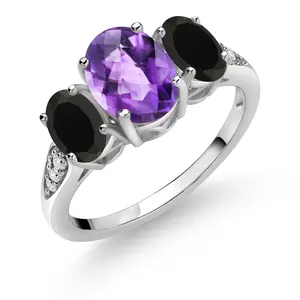 10K White Gold 3-Stone Engagement Ring for Women | Gemstone Birthstone and Onyx and Lab Grown Diamond | Oval 8X6MM 6X4MM | Wedding Anniversary Ring