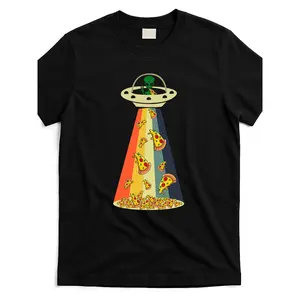 Men'S Funny Pizza UFO Alien Graphic T-Shirt - Retro 80s Retro Pizza-Themed Design with Flying Saucer & Pizza Slice Print, Themed Parties & Casual Attire - Vintage Sci-Fi Comedy Apparel