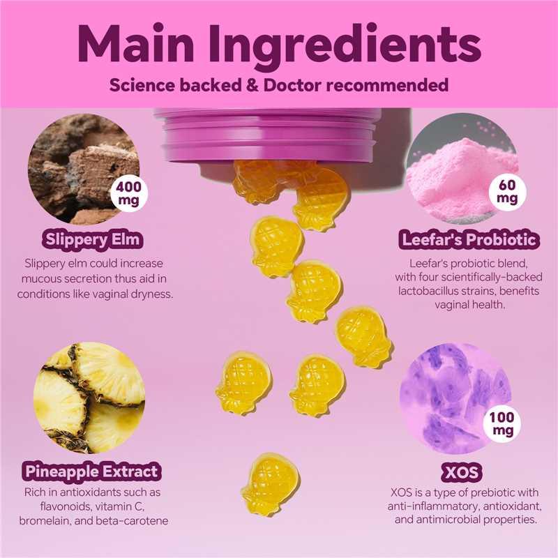 Product Introduction of 【2 PACK】LEEFAR Her Juicy  Feminine Probiotics Gummies- All in One Solution with Slippery Elm and Prebiotics&Lactobacillus Probiotic Blend for Women’s pH Balance and Dryness - Hawaiian Pineapple Gummies 60 Count probiotics  women 3