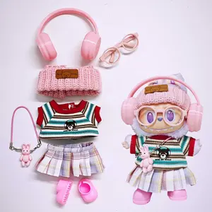 dolls Clothes 7-Piece Set – Pink Overalls + Rainbow Top + Hat + Glasses + Headphones + Shoes + Pendant | Stylish Outfit for dolls
