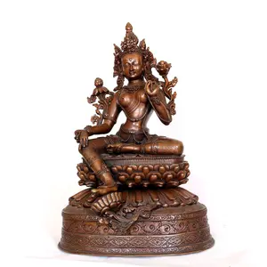 Green Tara Statue with Detailed Copper Carving, Rubies and Emerald Decor, H 16" x W 11" x D 8"