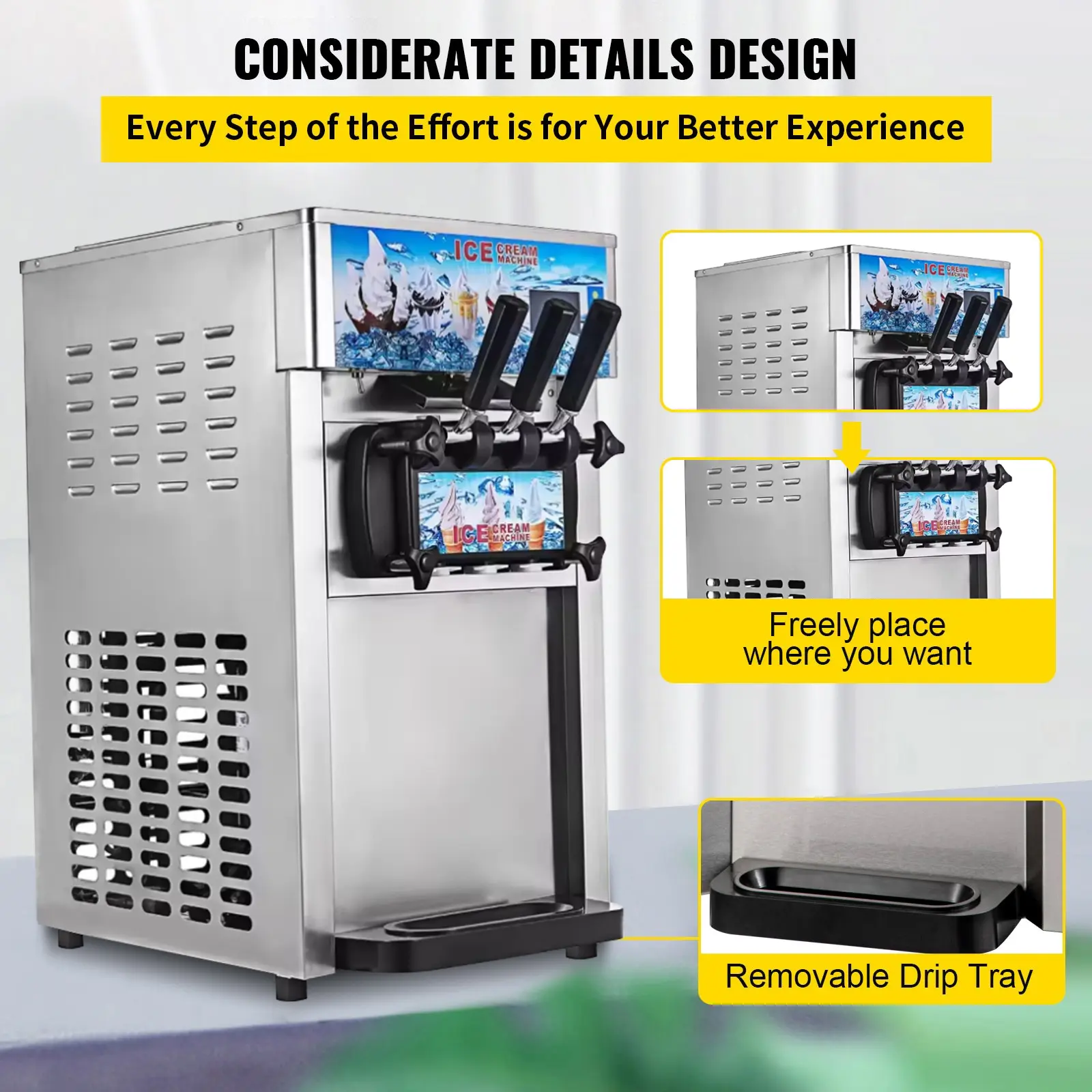 18L/H Soft Serve Ice Cream Machine Commercial Yogurt Maker 3 Flavors 1200W Compressor Fast Efficient Low Noise Energy Saving Double 3L Hoppers