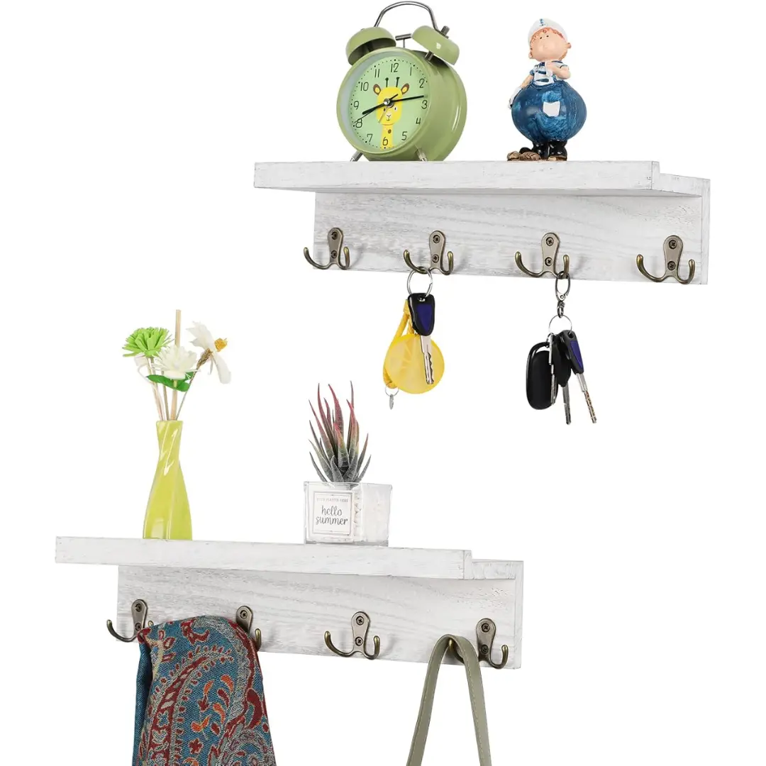 Antique Wooden Wall Shelves with 16 Hooks - 2-Pack Wall-Mounted Coat Rack, Shelf Organizer for Home Entryway, Bathroom Decorating Storage Solutions