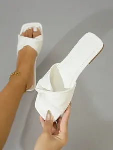 Women’s White Square Toe Flat Thong Sandals – Casual Summer Slippers with Yellow Sole