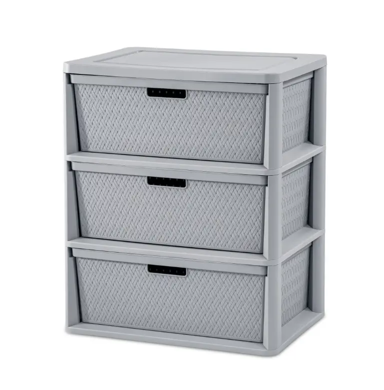 Gray Wide 3-Drawer Chest of Drawers - Plastic Bedroom Storage Organizer with Removable Decorative Bins, Tool-Free Easy Assembly
