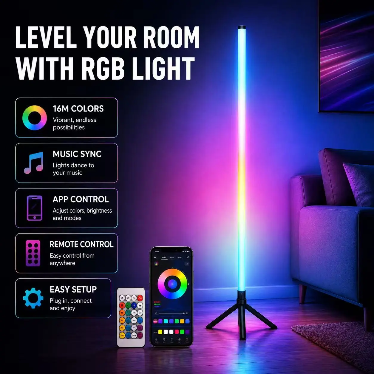 RGB LED Corner Floor Lamp - Music Sync, Adjustable Lighting, Multiple Scene Modes, USB Powered Mood Light, Led Lights Bedroom, Modern Gaming Specialty & Decorative Lighting