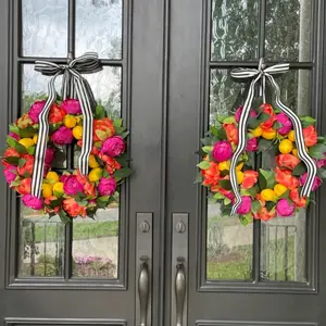 Summer Lemon and Peony Wreath, 18-Inch Bright Floral Wreath, Perfect for Front Door Decoration, Elegant Summer Decorative Wreath