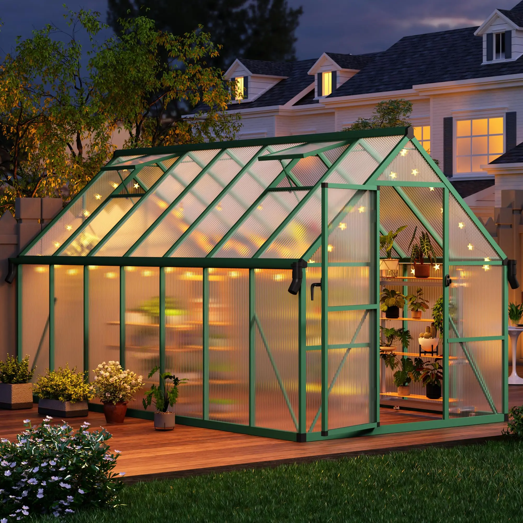 GARVEE 8x14 FT Outdoor Greenhouse,Polycarbonate Greenhouse with Roof Vent and Ground Nails,Aluminum Large Walk-in Green House w/ Lockable Push Door for Outside Garden Backyard (Green)