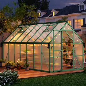 8x14 FT Outdoor Greenhouse,Polycarbonate Greenhouse with Roof Vent and Ground Nails,Aluminum Large Walk-in Green House w/ Lockable Push Door for Outside Garden Backyard (Green)