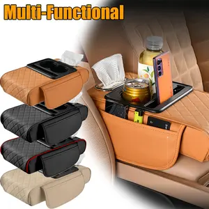 Multi-Functional Car Center Console Organizer with 2 Cup Holder & Phone Holder & 2 Storage Bags - Leather Armrest Storage Box with Pillow Cushion & Protective Cover, Universal Interior Accessories