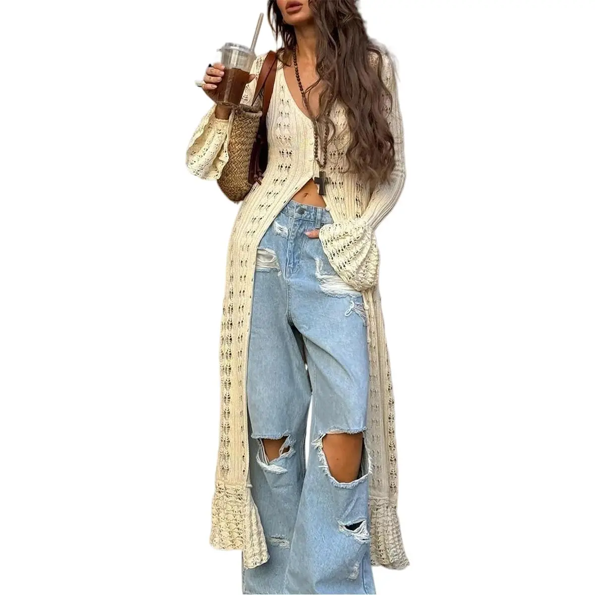 【Softline Soul】Spring And Summer New Music Festival Boho Women Clothing Hollow Out Thin Long Sleeved Women's Knitted Cardigan, Loose Tassel Hem, Tassel Design, Long Coat, Vacation Outfits Women Style Sun Long Cardigan