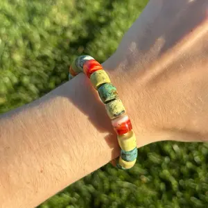 Yellow Turquoise, African Jasper, and Spiny Oyster Barrel Bead Bracelets - Semi Precious Gemstones, Natural Crystal, Durable