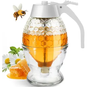 Honey Dispenser, 8oz Honey Dispenser No Drip Glass with Stand, Honey Container & Coffee Syrup Dispenser for  Time & Gifting, Elegant Honeycomb Honey Jar - Honey Pot Bottle for Maple Syrup