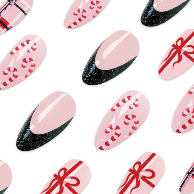 Christmas Press on Nails Medium Almond Fake Nails with Gift Design Green Glitter French Tips Glue on Nails Red Canes Stick on Nail Winter Xmas False Nail for Women Girls Holiday Manicure 24pcs