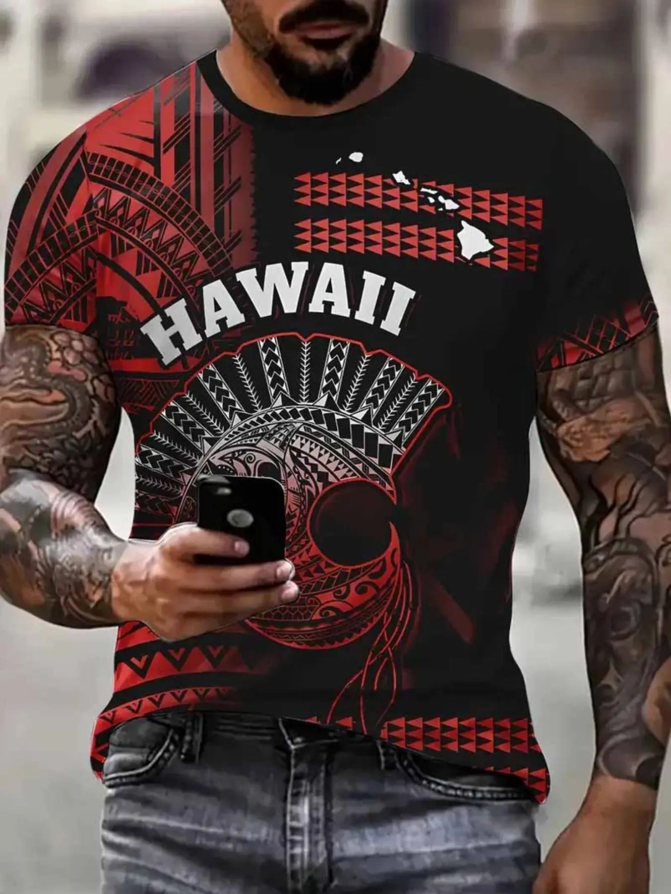 Men's Hawaiian Tribal Pattern T-Shirt Top, Streetwear, Fitted, Lightweight Breathable Fabric, Bold Tropical Print, Short Sleeve, Casual Wear, Menswear