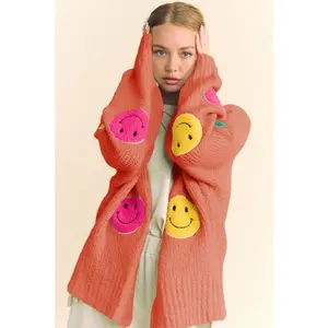 Davi & Dani Fuzzy Smile Open Front Long Sleeve Cardigan